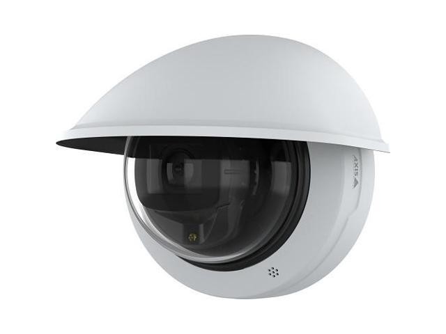 White dome-shaped outdoor security camera with a glossy lens, featuring a sleek design and ventilation holes, designed for wall mounting and capable of high-resolution imaging.