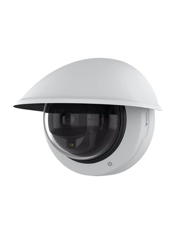 White dome-shaped outdoor IP security camera with a glossy black lens, featuring a protective top cover and a sleek design, capable of 3840 x 2160 pixel resolution.