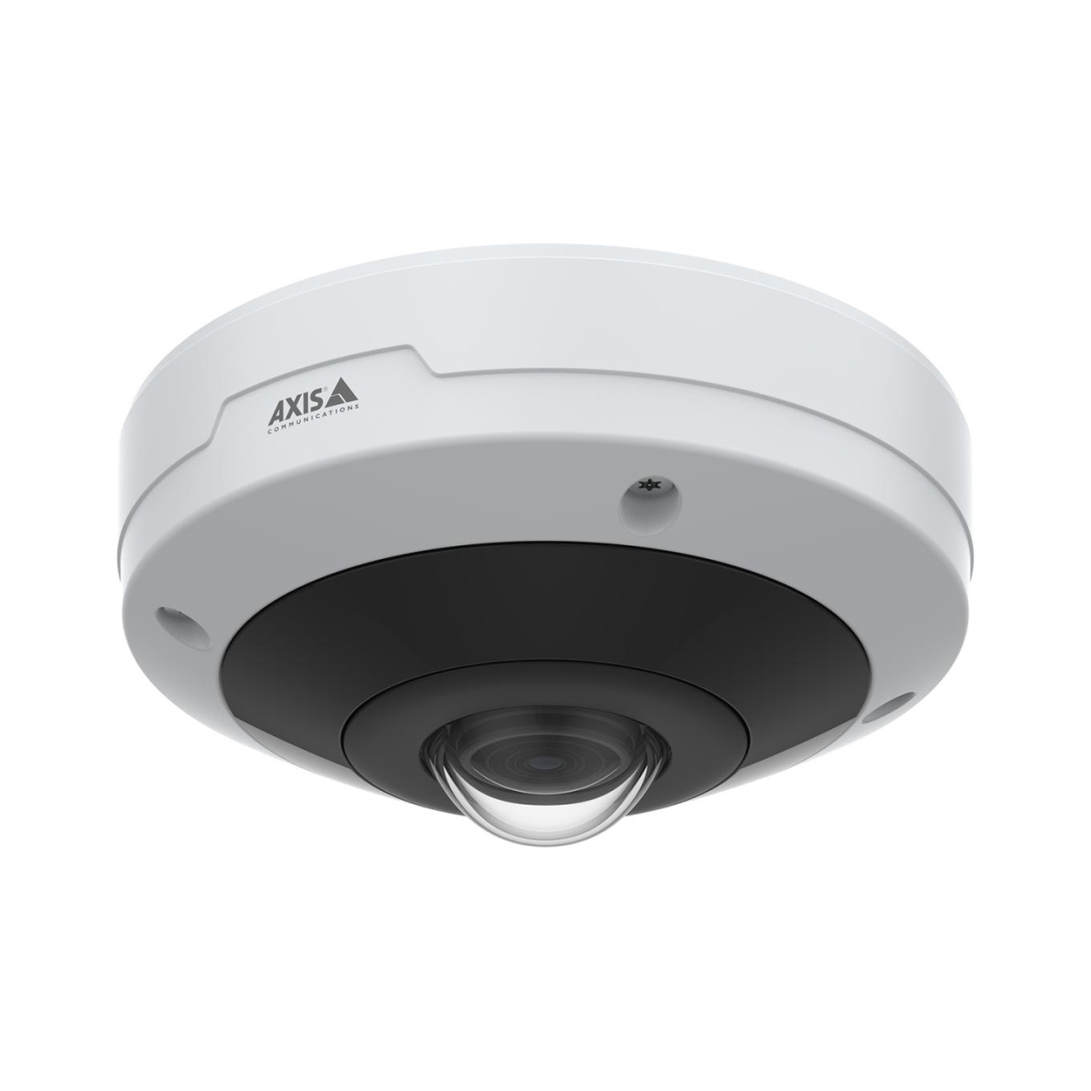 White and black cylindrical panoramic camera with a clear lens, featuring a sleek design and marked with the AXIS logo, designed for 360-degree views and deep learning capabilities.