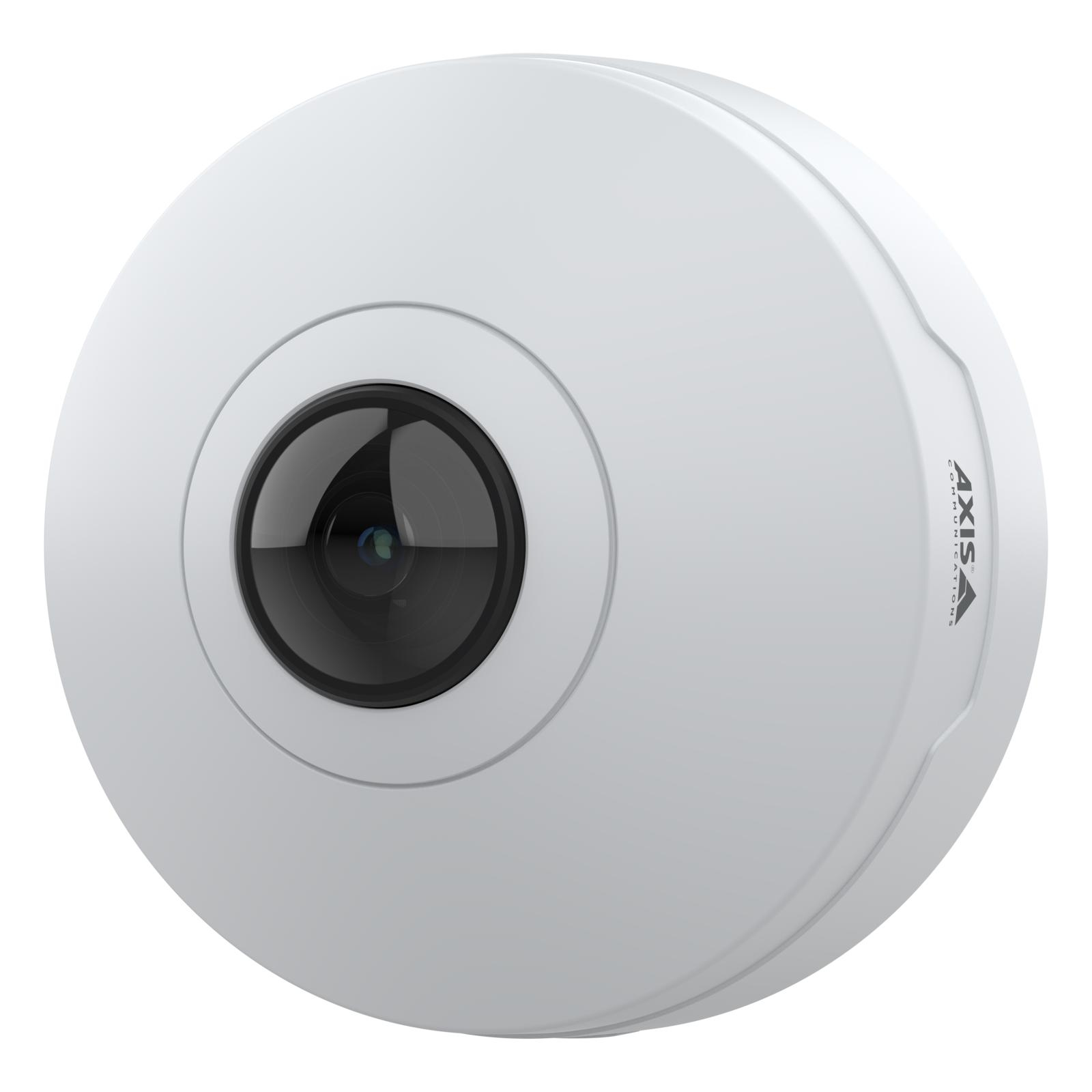 White, circular dome IP security camera with a black lens at the center, designed for indoor use, featuring a sleek, modern aesthetic and high-resolution capability of 2160 x 2160 pixels.