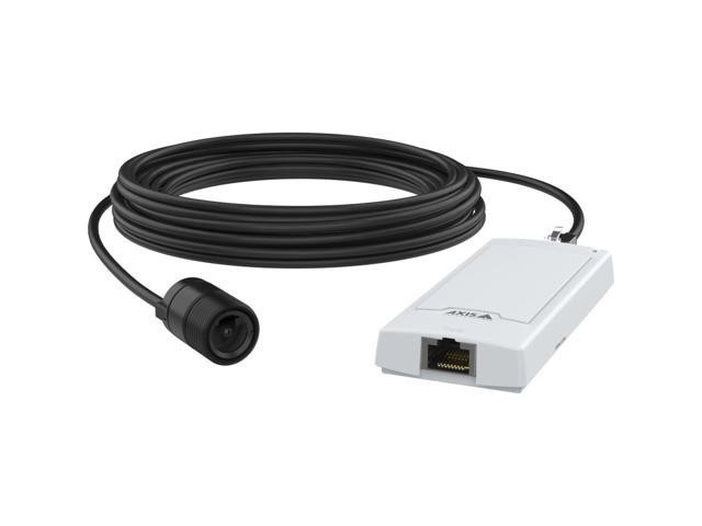 Omada 10G PoE+ Injector by AXIS features a compact white housing, an Ethernet port, and a long black cable with a connector for power and data transmission.