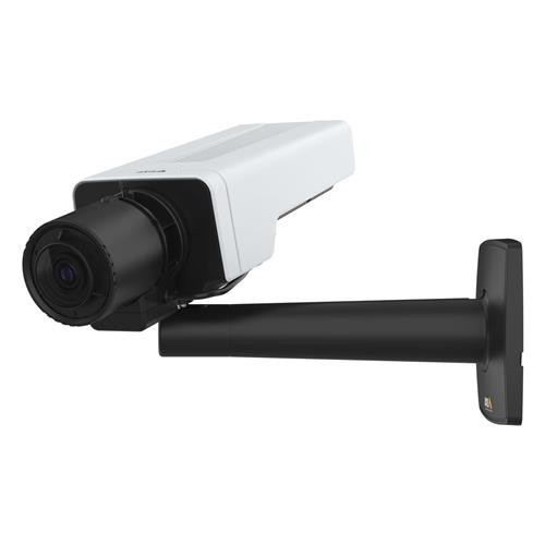 White and black Axis P1385 Box IP security camera with a cylindrical lens, mounted on a black wall bracket, designed for indoor use with 1920 x 1080 pixel resolution.