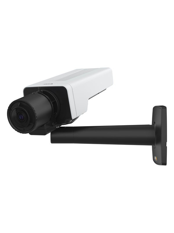 White and black Axis P1387 Box IP security camera with a cylindrical lens, mounted on a sturdy black wall bracket, featuring high-resolution capability of 2592 x 1944 pixels.