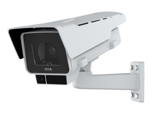 White AXIS P1388-LE Box IP security camera with a sleek design, featuring a protective hood, mounted on a wall bracket, offering 3840 x 2160 resolution for indoor and outdoor use.