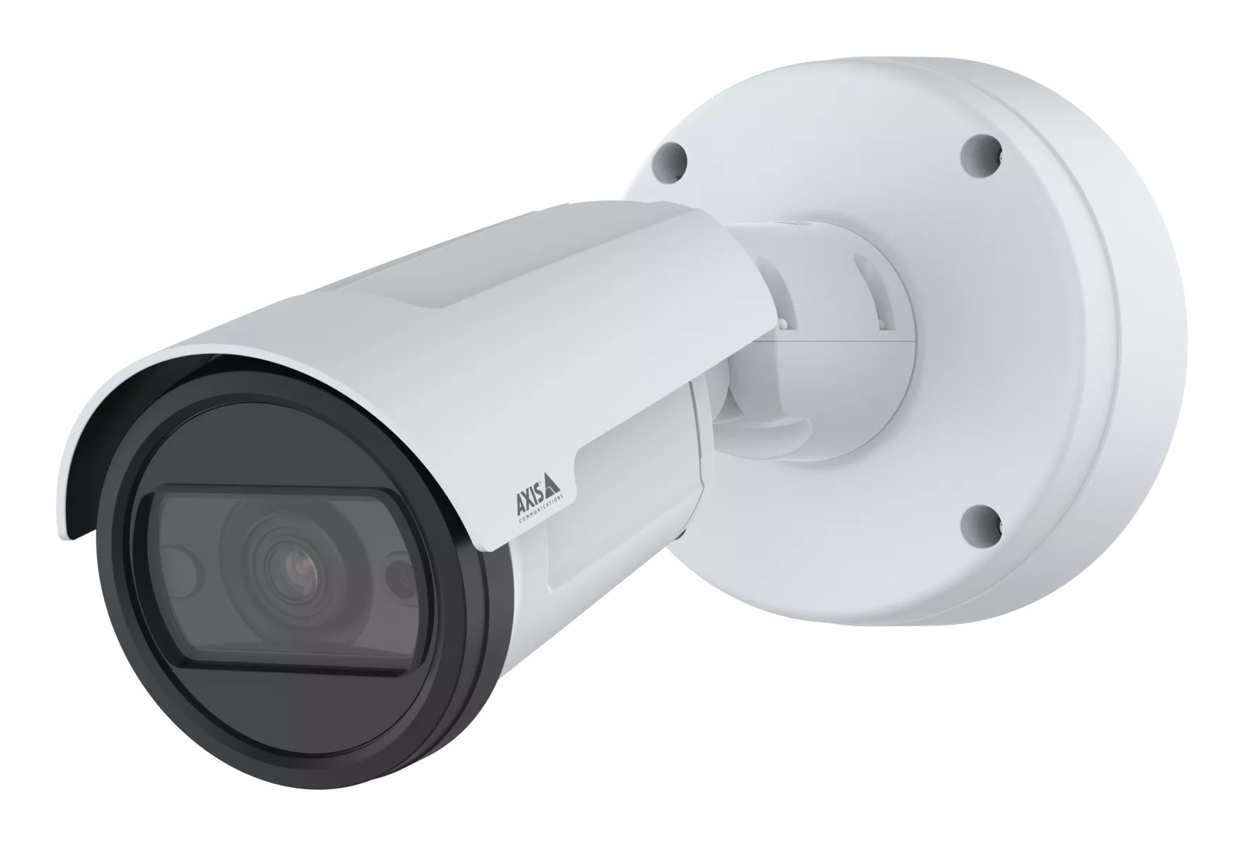 White outdoor bullet camera with a sleek design, featuring a black lens cover, mounted on a round white base, equipped with night vision capabilities.