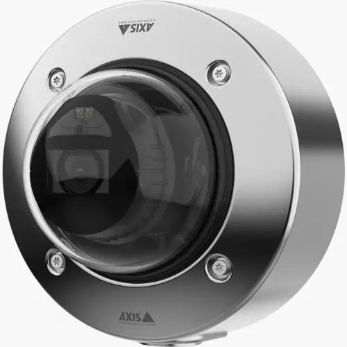 Stainless steel network camera with a circular design, featuring a prominent glass lens and AXIS branding on the top.