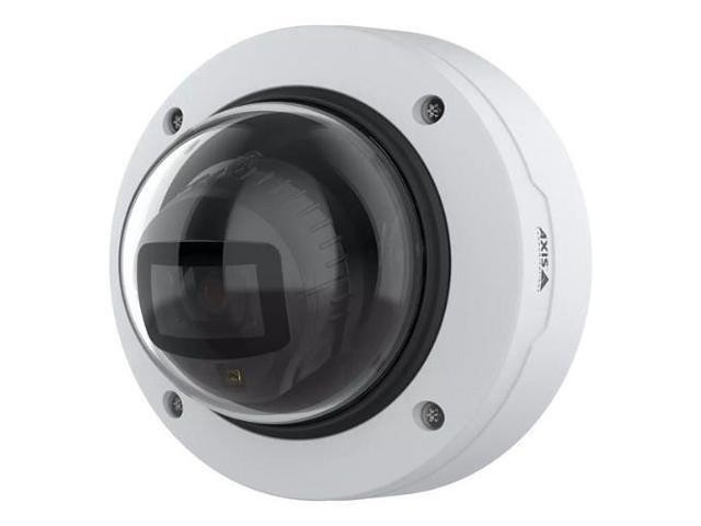 White dome video camera with a sleek design, featuring a dark, rounded lens and AXIS branding on the side, suitable for indoor or outdoor surveillance.