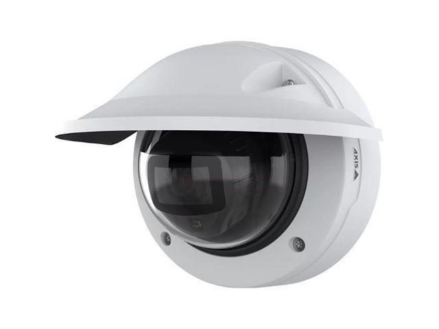 White dome-shaped IP security camera with a glossy black lens, designed for indoor and outdoor use, featuring a sleek, modern design and a protective overhang.