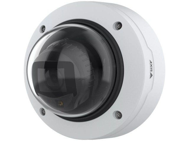 White dome IP security camera with a transparent lens, featuring a sleek design, adjustable mounting base, and high-resolution capability of 2592 x 1944 pixels for indoor and outdoor use.
