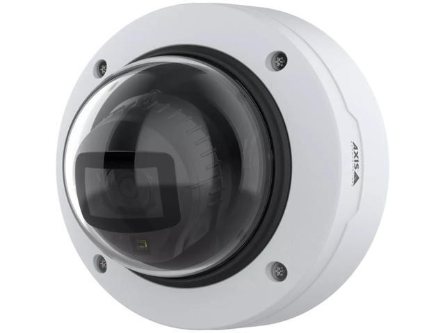 Dome-shaped white IP security camera with a clear glass lens, featuring a sleek design and adjustable mounting options, suitable for indoor and outdoor use.
