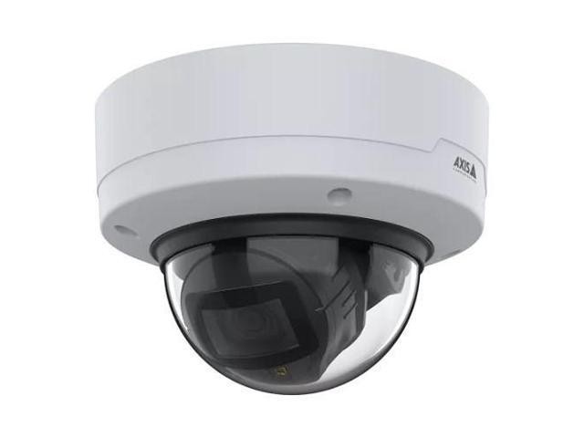 White dome-shaped 4K network camera with a clear spherical lens, designed for indoor and outdoor use, featuring an 8-megapixel sensor and sleek AXIS branding.