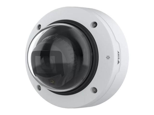 White circular surveillance camera with a clear dome, featuring a black lens and silver screws, branded with the AXIS logo.