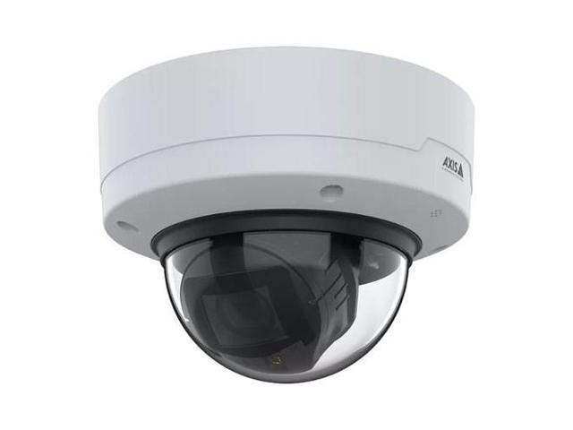 White dome IP security camera with a transparent dome cover, featuring a sleek design and a black camera lens visible inside, suitable for indoor and outdoor use.