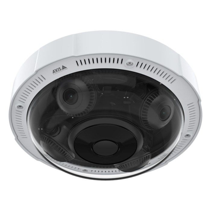 White dome camera with four lenses, featuring a sleek design and a clear dome cover, designed for outdoor use with night vision capabilities.