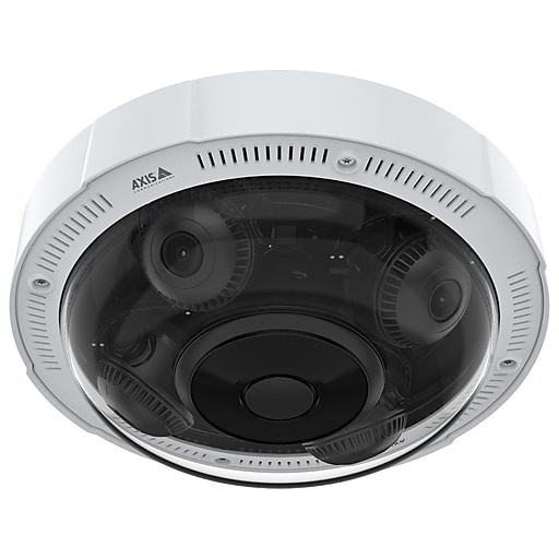 White, circular panoramic camera with a transparent dome, featuring three lenses and a sleek design, marked with the AXIS logo on the top.
