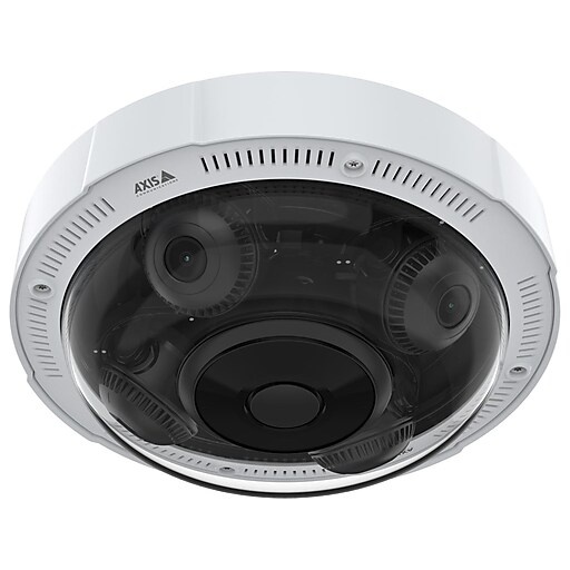 White circular panoramic camera with a transparent dome, featuring three lenses and ventilation slits, designed for ceiling installation by AXIS.