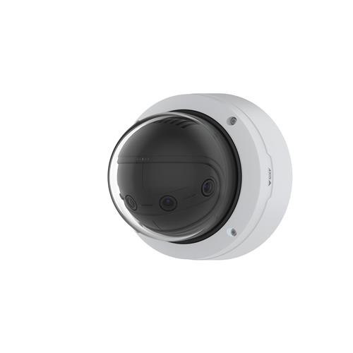 AXIS 02450-001 180 Deg 7 MP Panoramic Camera features a sleek white housing with a black spherical lens, designed for wide-angle surveillance in various environments.