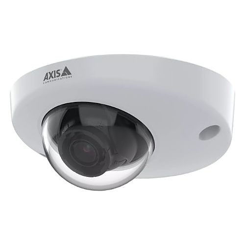 White dome-shaped IP security camera with a clear dome covering the lens, featuring AXIS branding, designed for indoor use with 1920 x 1080 pixel resolution.
