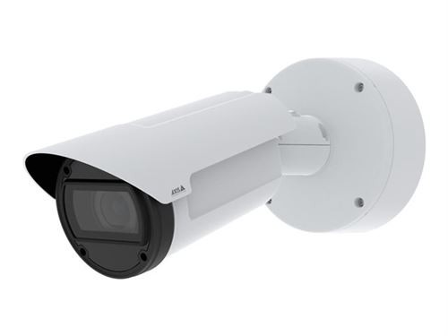 White bullet-style outdoor security camera with a sleek design, featuring a black lens housing and a protective sunshade, capable of 7680 x 4320 pixel resolution.