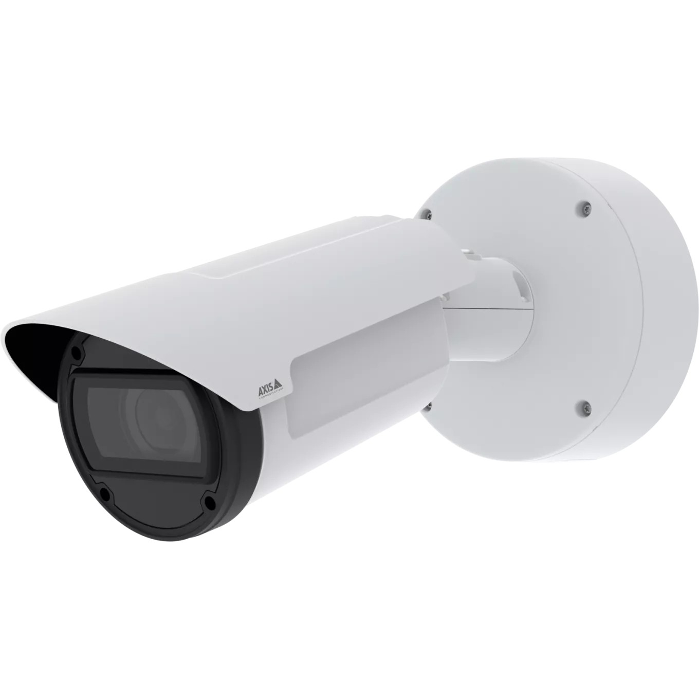 White bullet-style outdoor security camera with a sleek design, featuring a black lens and a protective front cover, mounted on a circular white base.