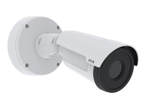 White bullet-style IP security camera with a cylindrical lens, mounted on a wall bracket, designed for both indoor and outdoor use, featuring a sleek and durable plastic casing.
