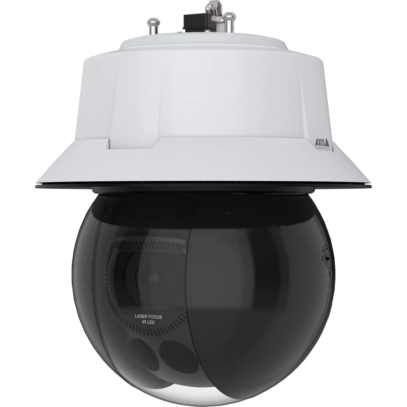 White dome security camera with a black spherical lens, featuring a sleek design, adjustable focus, and mounting hardware on top, suitable for indoor and outdoor use.
