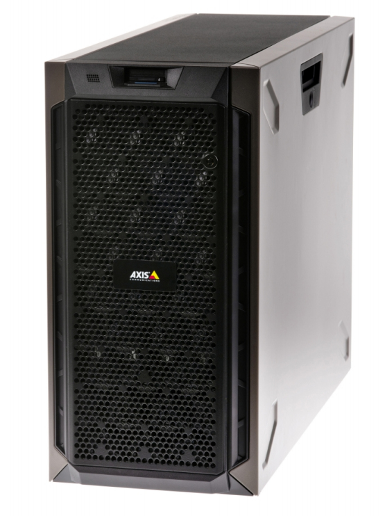 Black metal server chassis with a mesh front panel, featuring a sleek design, AXIS branding, and a top ventilation grill for cooling.