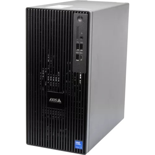 Sleek black tower PC with vertical slats, featuring an AXIS logo, multiple USB ports, and an Intel Core sticker on the front panel.
