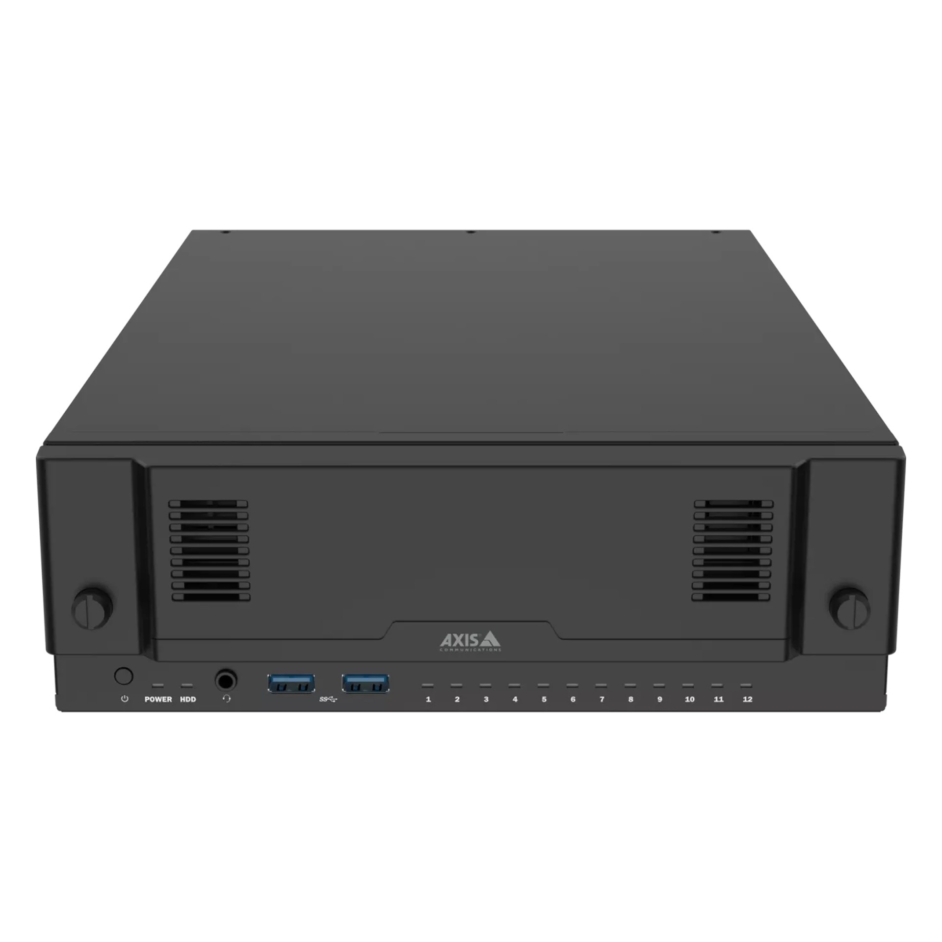 Black metal server with a sleek design, featuring dual front vents, USB ports, and a row of indicator lights at the bottom, labeled with AXIS branding.