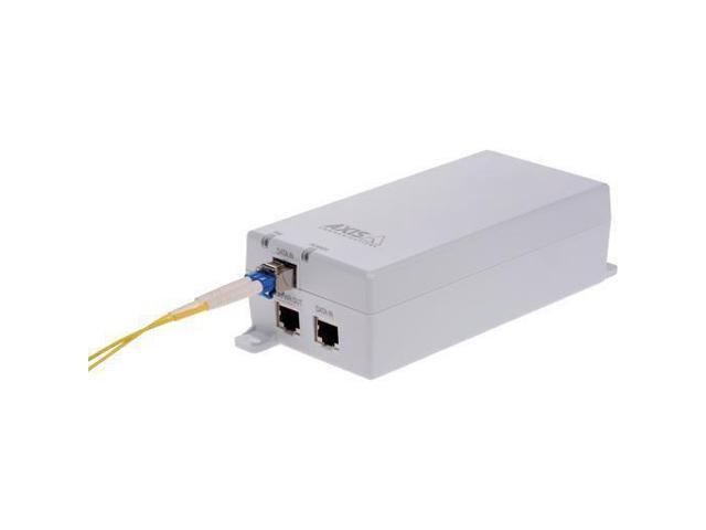 White, rectangular midspan device with two Ethernet ports and one fiber optic port, featuring the AXIS logo on top and mounting brackets on the sides.