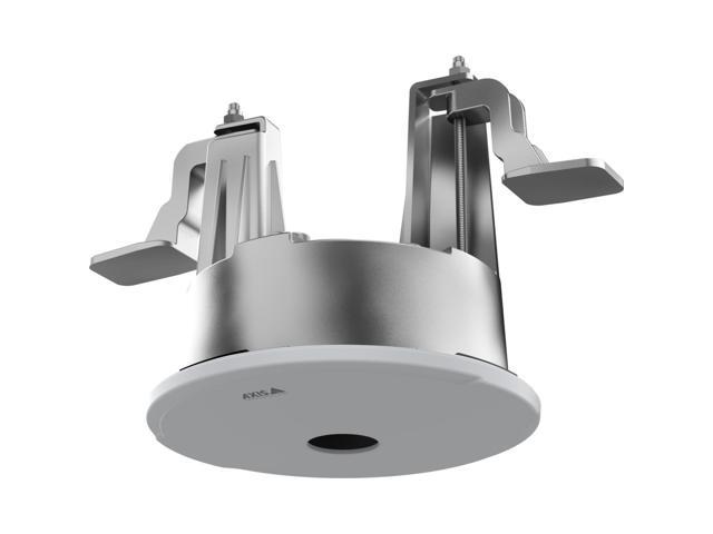 Silver metal mount with a circular base and adjustable arms, designed for secure attachment to ceilings, featuring a central opening for cable management.