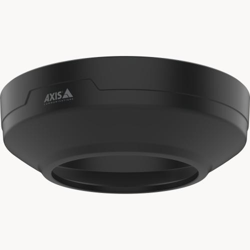 Black, circular housing with a smooth finish, featuring the AXIS logo, designed for camera installation, showcasing a sturdy, durable material.