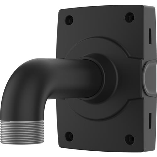 Black metal wall mount with a curved arm and threaded end, featuring a square backplate with four mounting holes and a sleek, modern design.