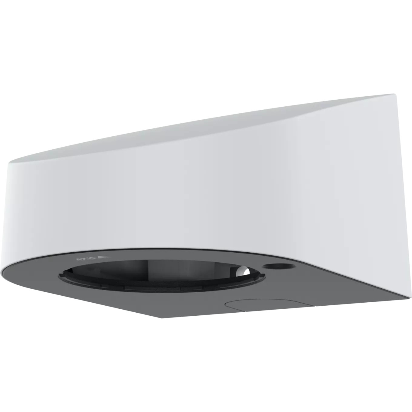 White wall mount designed for outdoor installation, featuring a sleek, curved design with a black base and cutouts for cable management and mounting hardware.