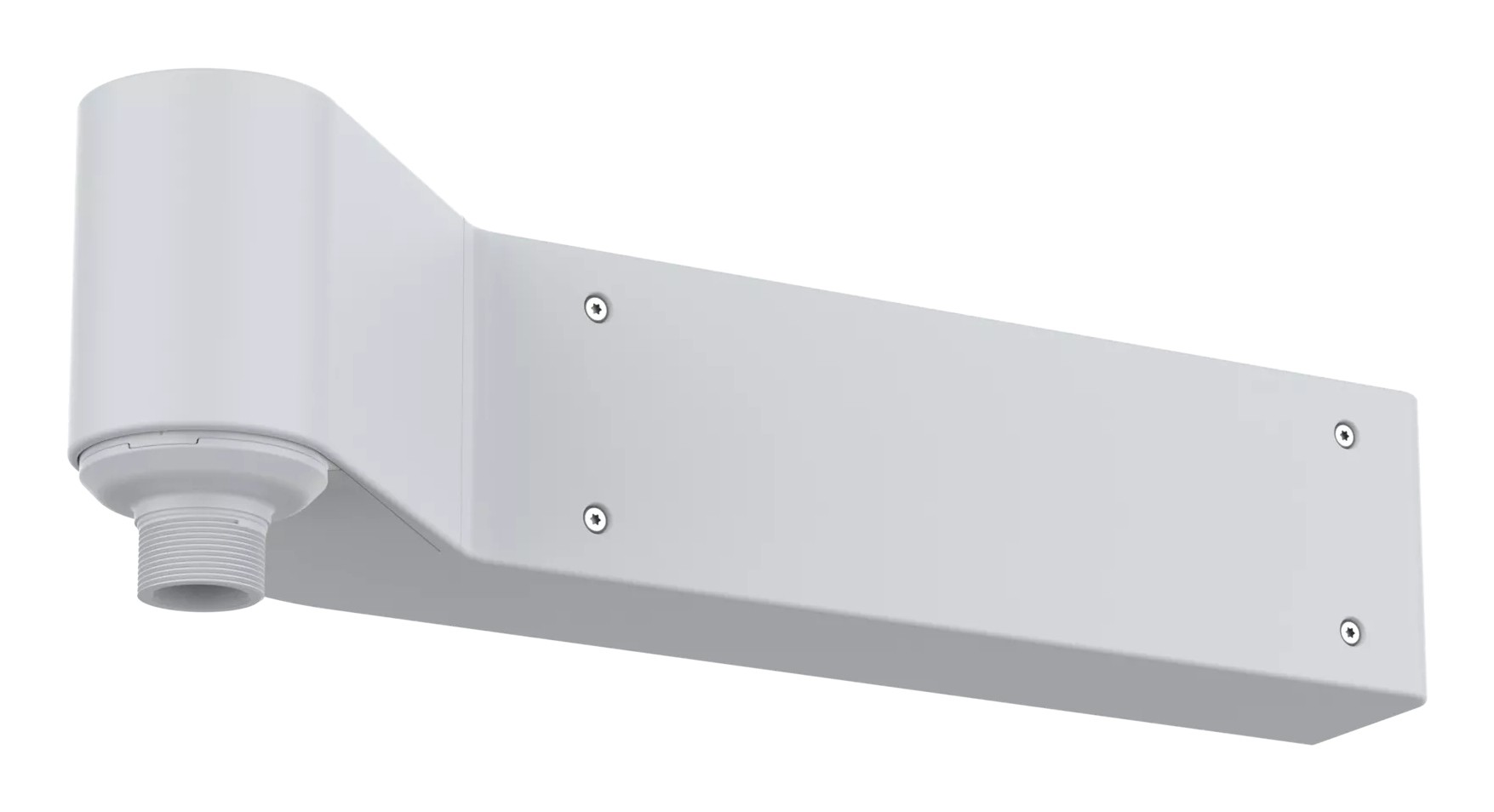 White metal corner mount with a cylindrical end and flat rectangular base, featuring visible mounting holes and a threaded connector for secure installation.
