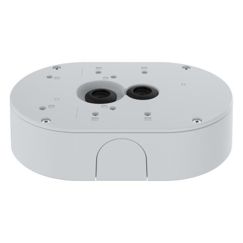 Oval, white outdoor-ready impact-resistant conduit back box with two cable entry points, multiple mounting holes, and a smooth surface for easy installation.