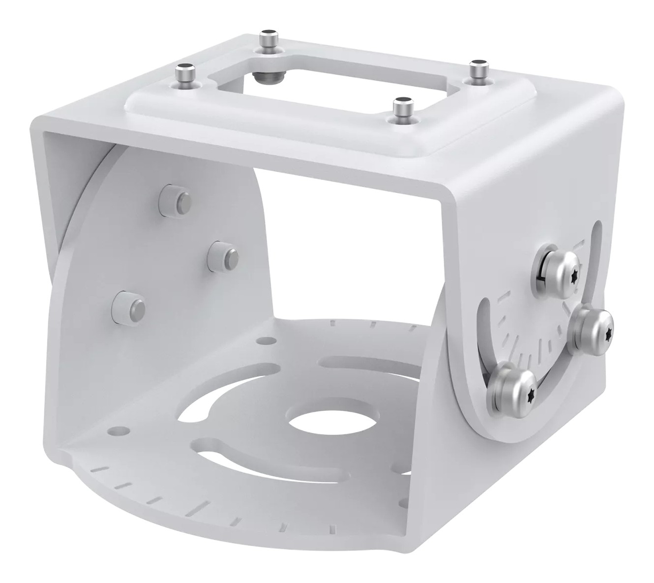 White metal Axis TQ1501-E mount with a sturdy base, adjustable brackets, and multiple mounting holes for secure installation of surveillance cameras.