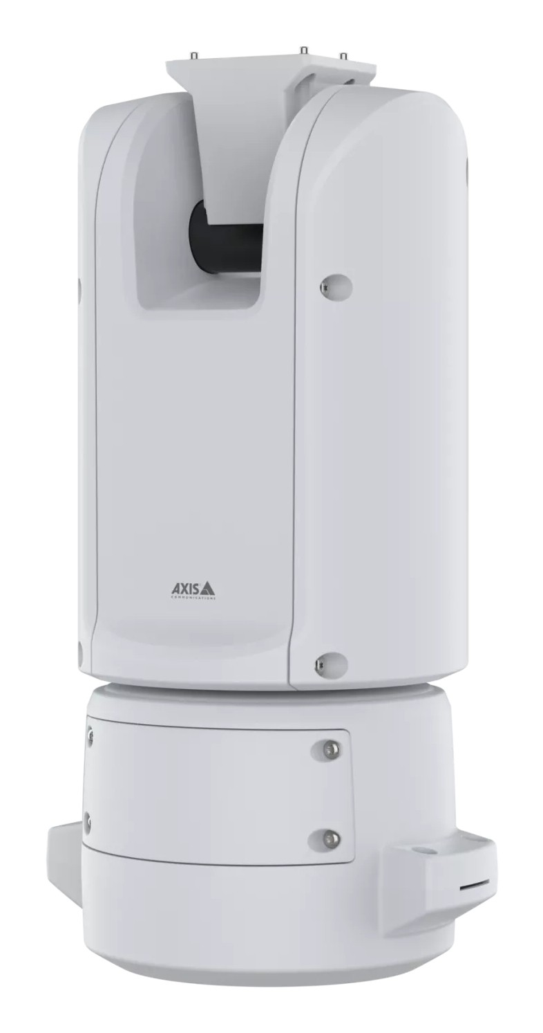 The Axis TQ1818-E is a compact, white, weather-resistant camera with a sleek design, featuring a rounded top and a sturdy base for outdoor surveillance applications.