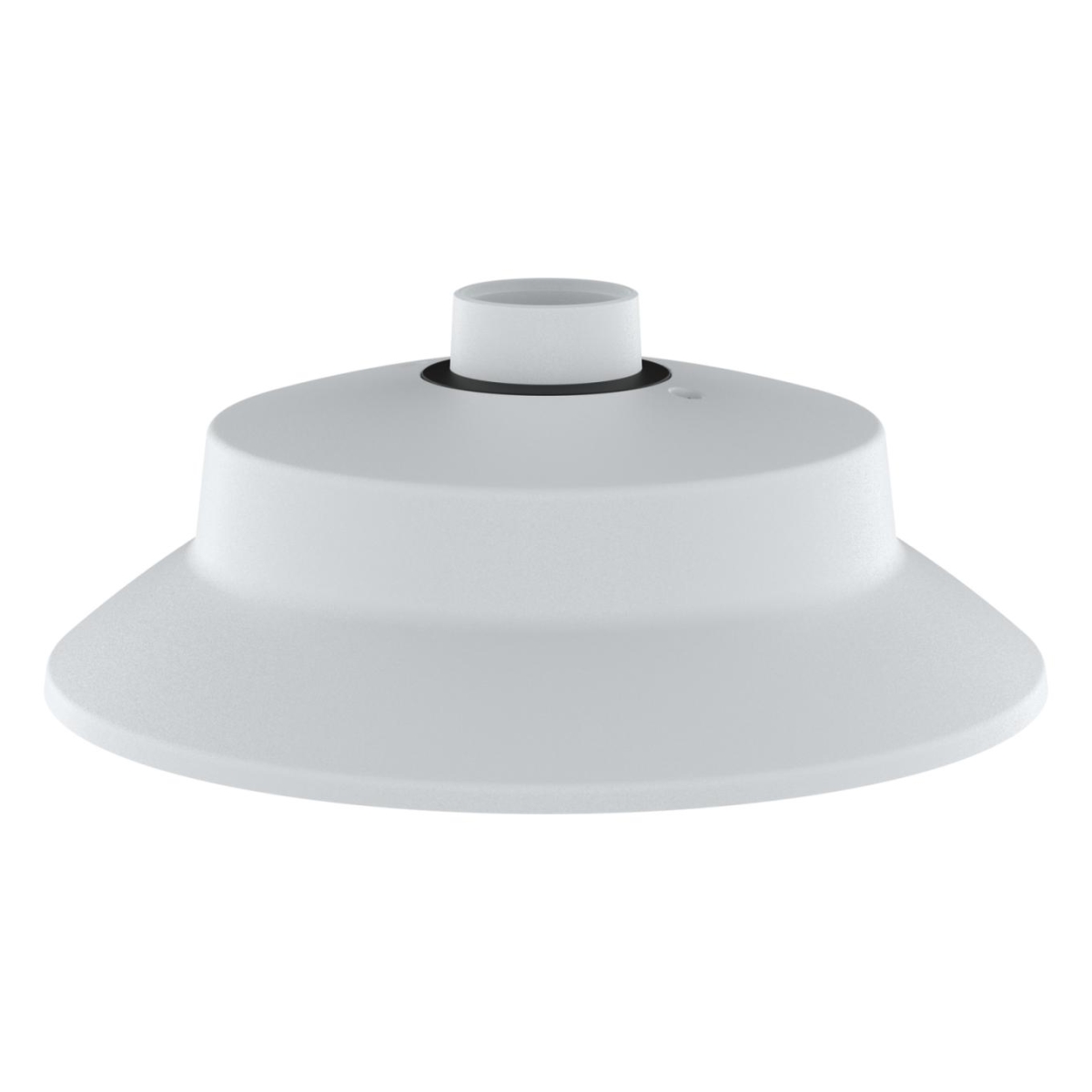 White, circular pendant bracket with a smooth, matte finish, featuring a central mounting point and a wide, flared base for secure installation.
