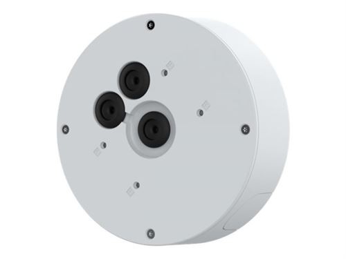 Round, white junction box with three black cable entry points and mounting holes, designed for secure installation of AXIS surveillance equipment.