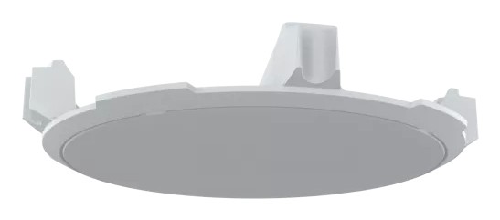 Round, flat ceiling mount in light gray plastic with a smooth surface and notched edges for easy installation, designed for the AXIS TQ6820-E Solo Kit.
