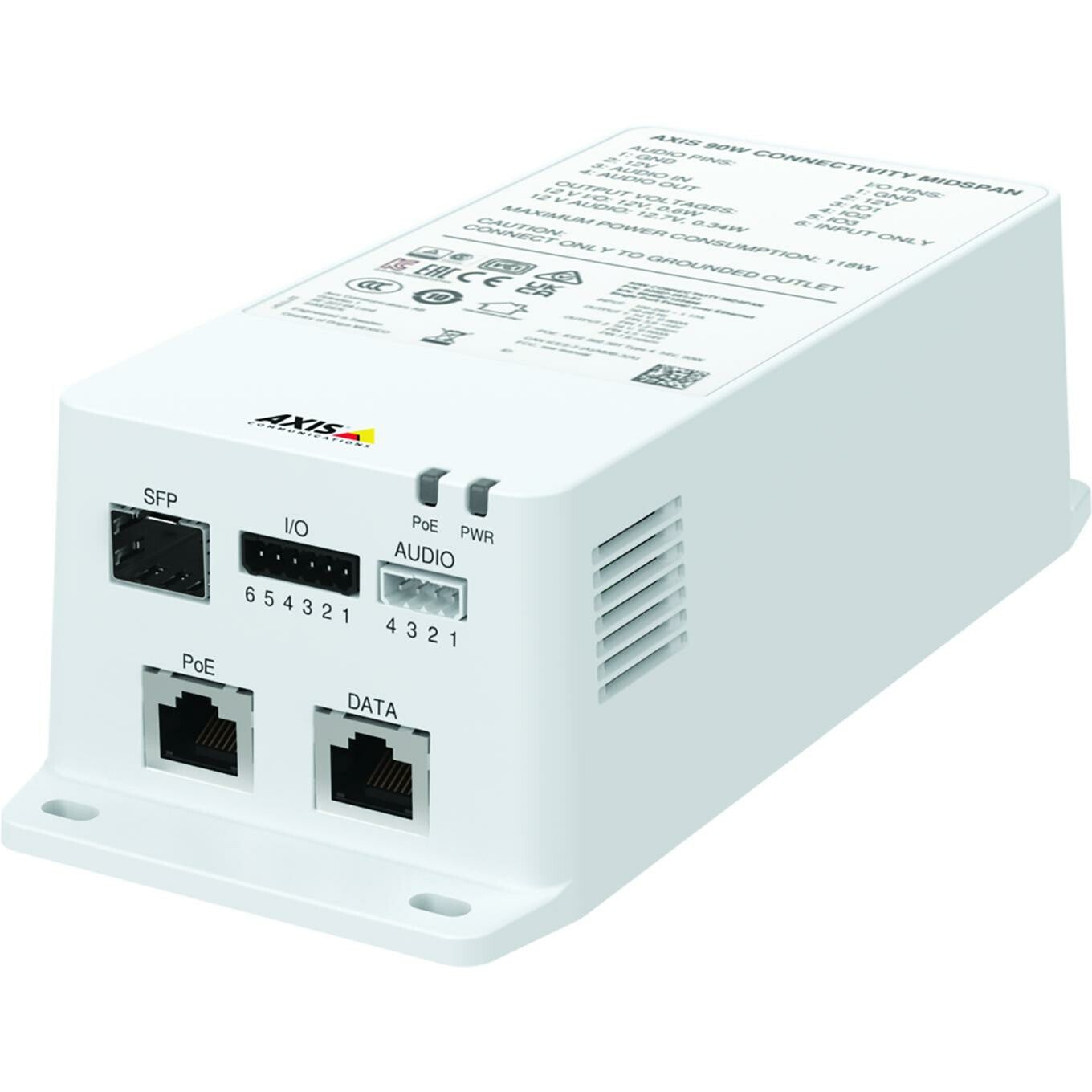 Compact white midspan device with multiple ports including SFP, I/O, PoE, and DATA, featuring a sleek design and ventilation slots for efficient cooling.