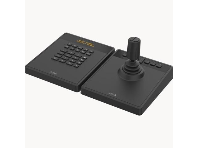 Black control board with a joystick on one side and a keypad featuring numerous buttons on the other, designed for precise camera control.
