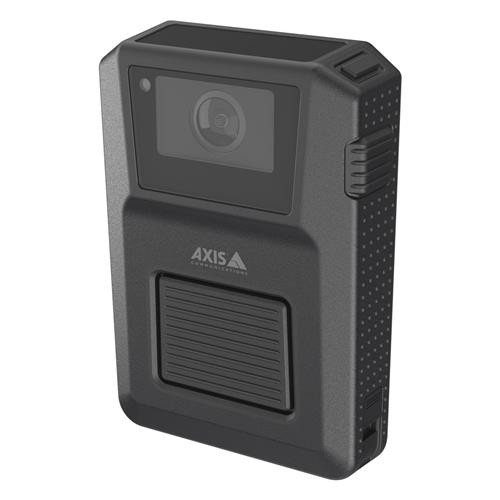 Black wireless body camera with a textured surface, featuring a front lens, a large button, and the AXIS logo prominently displayed on the front.