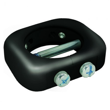 Black, rounded accessory collar made of durable material, featuring a central metal rod and two silver screws for secure attachment, designed for 50mm pole systems.