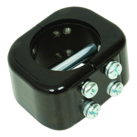 Black 50mm TV pole mount accessory collar made of durable plastic, featuring a square design with three metal screws for secure attachment.