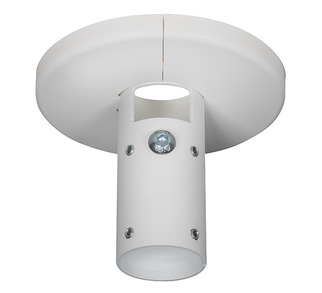 Fixed ceiling mount in white metal for Ø38mm poles, featuring a circular base and a cylindrical support with visible screws for secure attachment.