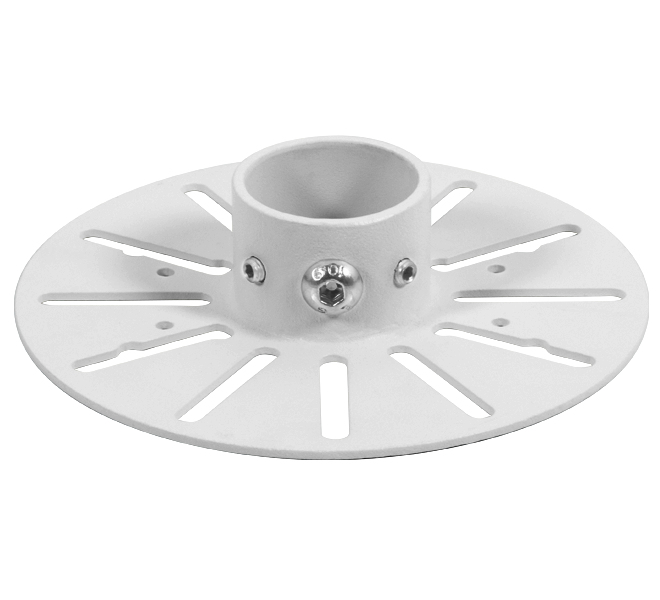 Medium dome security camera mount in white, featuring a circular base with slotted design and a central cylindrical holder for Ø38mm poles, made of durable material.