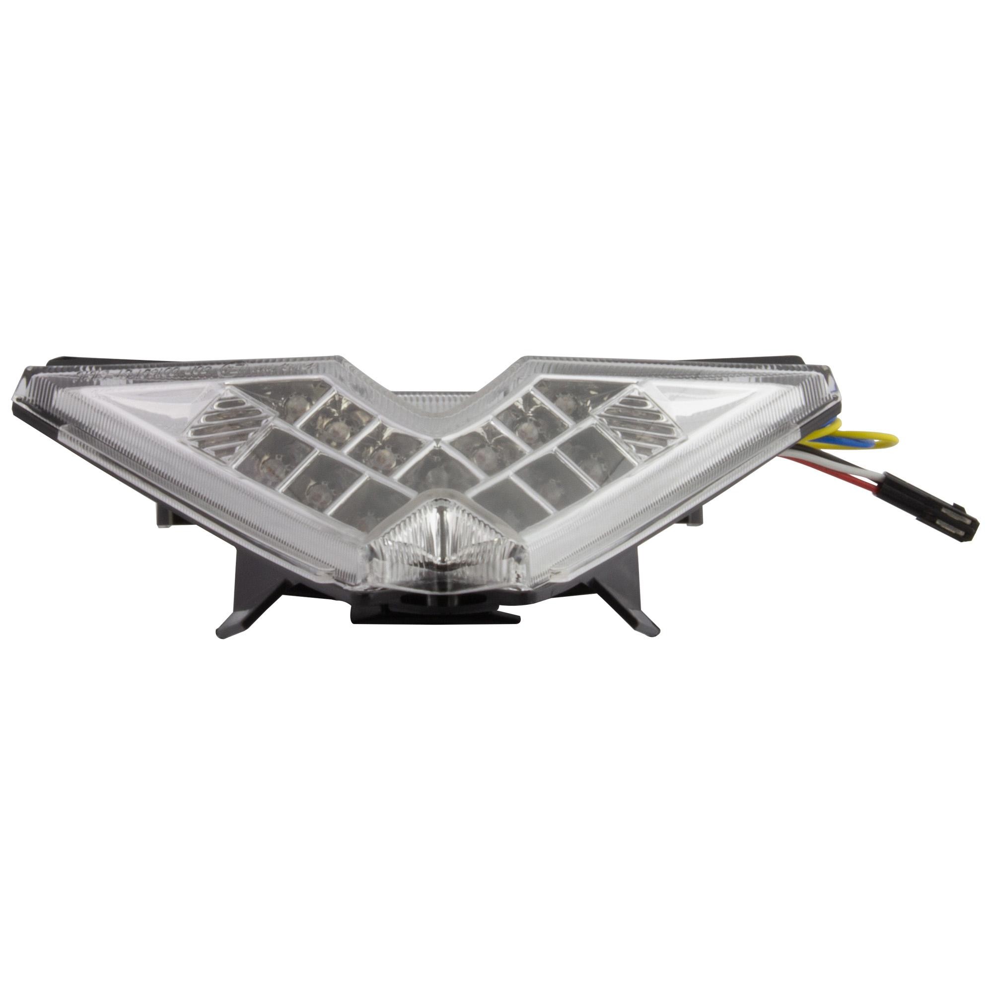 LED rear tail light with a clear lens, featuring integral indicators, designed for Aprilia RSV4 1000 Factory 2009-12, showcasing a sleek, angular shape and multiple LED bulbs.