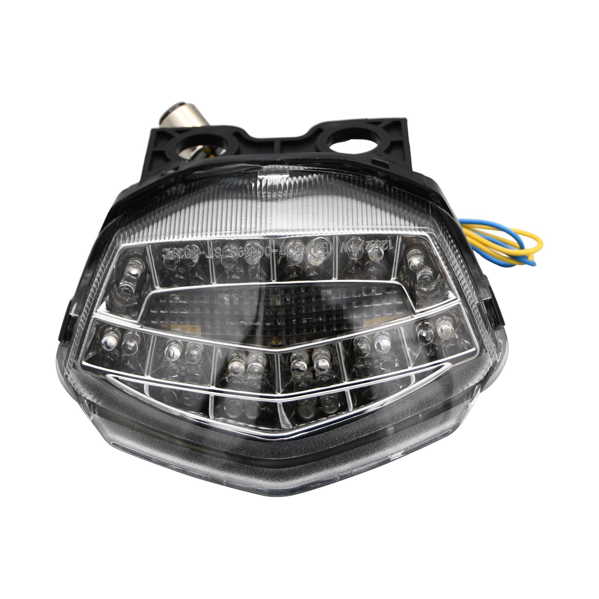 LED rear tail light with clear lens featuring integral indicators, designed for Kawasaki Ninja 250R (2009-2013), showcasing a sleek black housing and multiple bright LED bulbs.